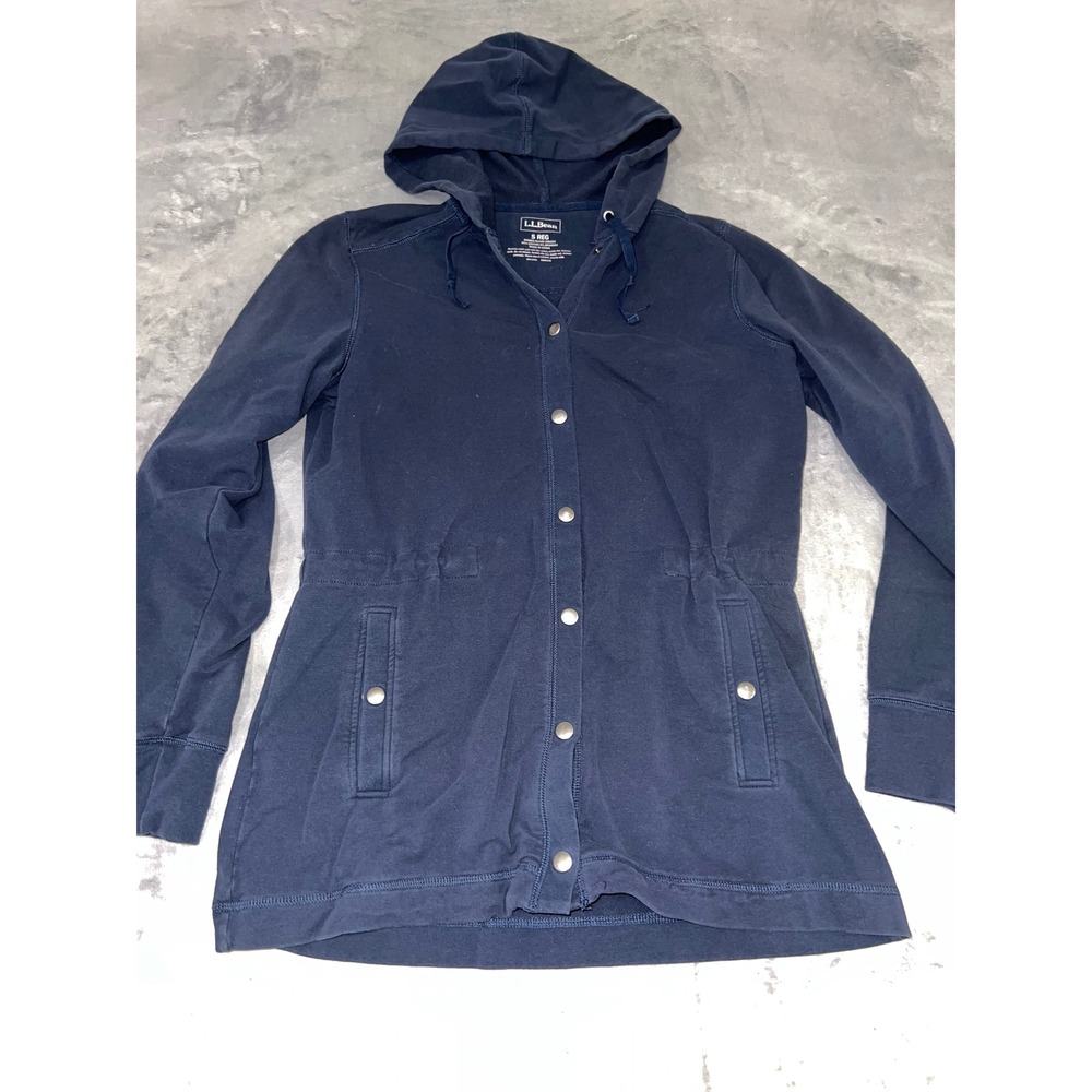 LL Bean Navy Blue Snap Front Hooded Jacket Cinched Waist Pockets 295257 Womens S